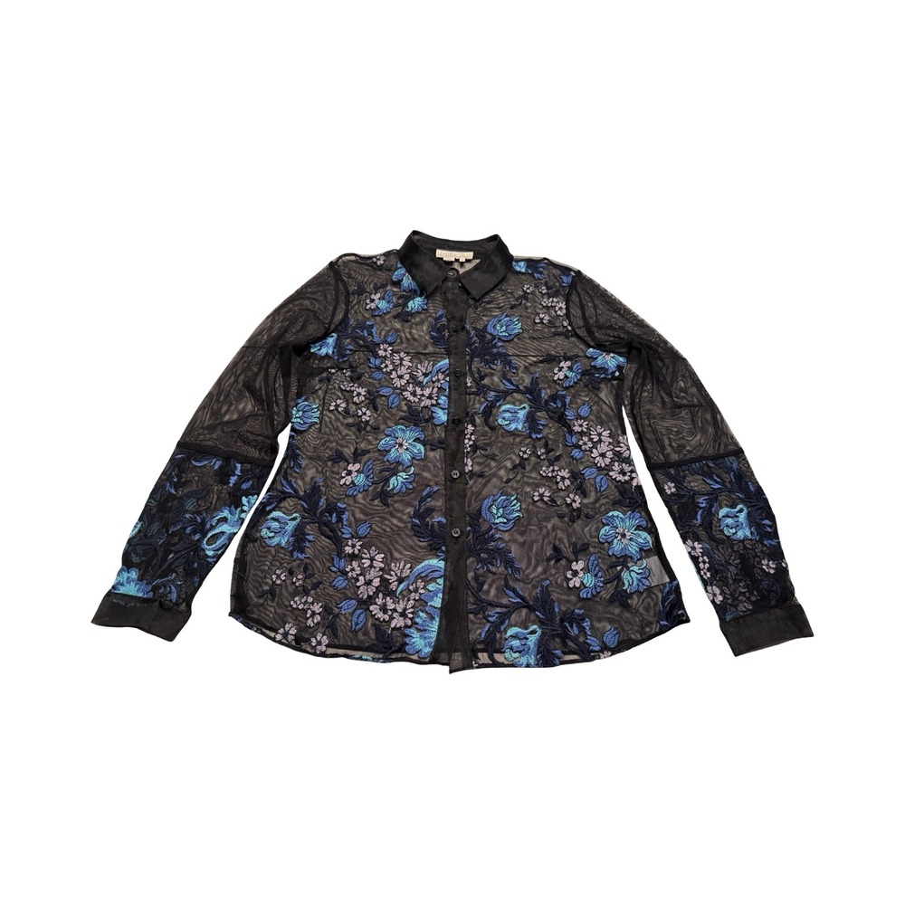 SB by Sachin‎ & Babi Womens Sheer Black Mesh Floral Embroidered Blouse Medium